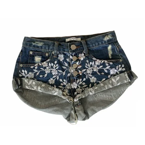 Glamorous Boho High Rise Embroidered Denim Shorts XS NWOT - Picture 5 of 11